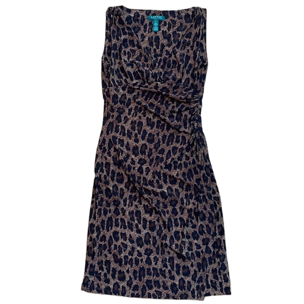 Y2K Lauren Ralph Lauren Leopard Print Faux Wrap MIDI Dress Size:4 Mob Wife
